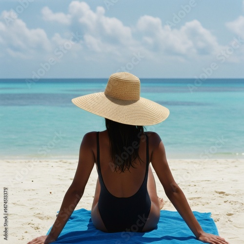Wallpaper Mural A woman sits on a beach, enjoying the sun with a hat overlooking the beautiful ocean view. Torontodigital.ca