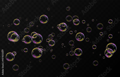 Vector realistic soap bubbles png. Flying soap bubbles on transparent background.
