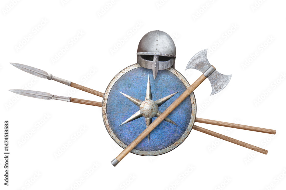 Fototapeta premium helmet shield axe and two spears isolated on white