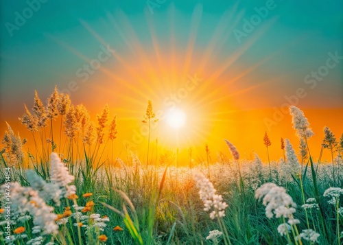 Golden Sunlight Bathes Lush Green Meadow, Copy Space Right