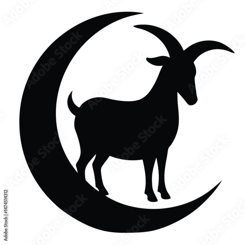 Silhouette of a proud goat stands gracefully within a crescent moon shape elegantly