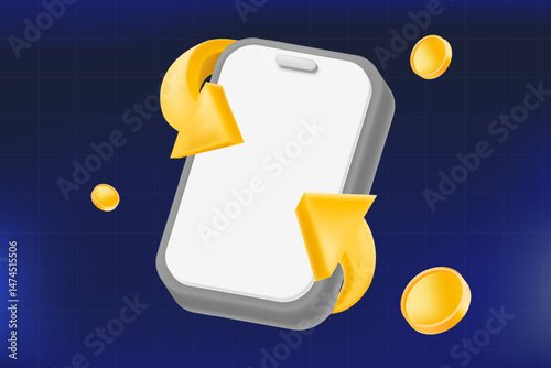 3D smartphone with gold yellow rotating arrows and coins, payment, cashback app, money transfer, or e-wallet. vector illustration