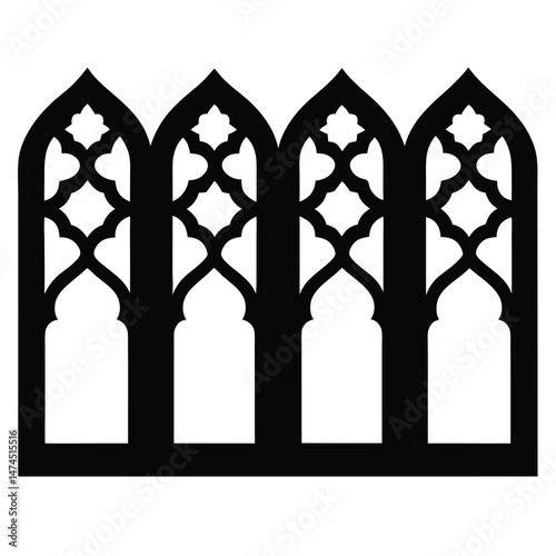 Silhouette of ornate quatrefoil window with arched panels is displayed in stark black
