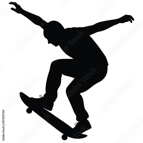 Silhouette presents skateboarder executing a midair stunt with arms extended on a white background