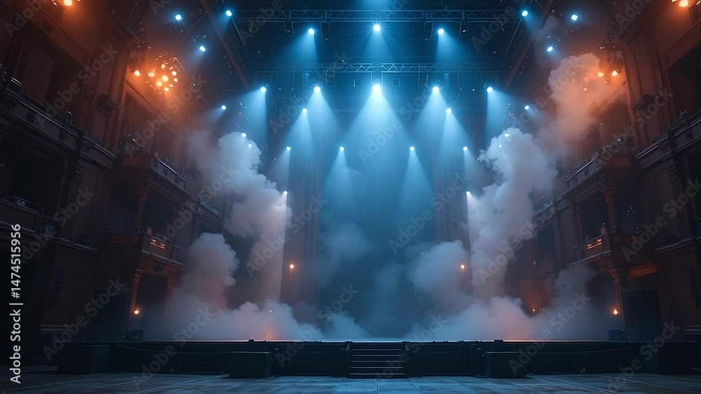 Empty indoor concert stage with deep fog and ambient glow