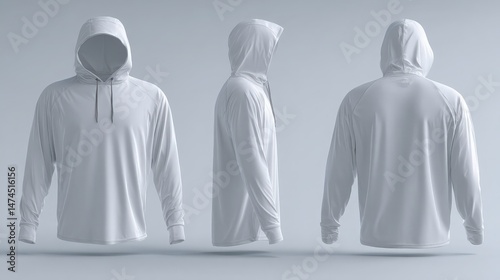 Light grey sun protection hoodie mockup with long sleeves, thumbholes, and hood shown on light grey background

