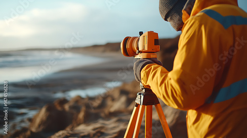 Surveyor Using Leveling Instrument on Beach