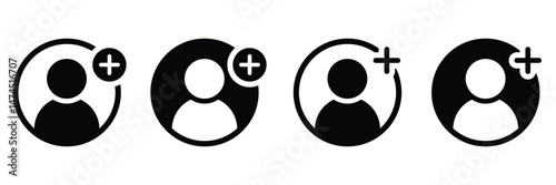 User Account Icon Set – Add, Accept, Remove User Profile Symbols with Avatar and Plus Sign – Vector Flat Illustration