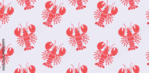 Seamless pattern with red watercolor lobsters on light background. Hand drawn marine crustaceans in doodle cartoon style. Vector repeat design for wrapping paper or fabric print.