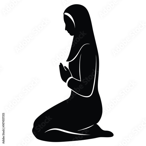 Silhouetted Muslim woman kneels in prayer, her hands reverently held together, creating a solemn religious moment