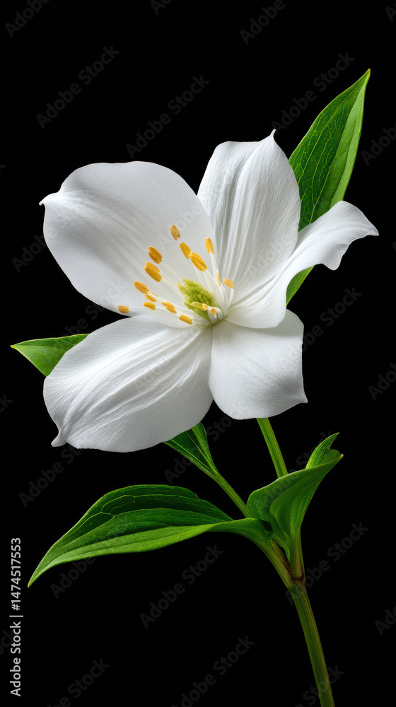 Obraz premium A beautiful white trillium flower with delicate petals and yellow stamens blooms gracefully against a stark black background, creating a stunning contrast.