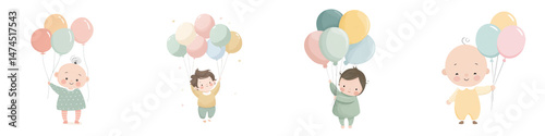 Cute baby holding colorful balloons in celebration, joyful children with pastel balloons, festive and happy mood illustration