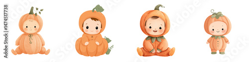 Cute baby in pumpkin costume clipart with seasonal outfit, adorable Halloween theme, smiling child in orange pumpkin suit