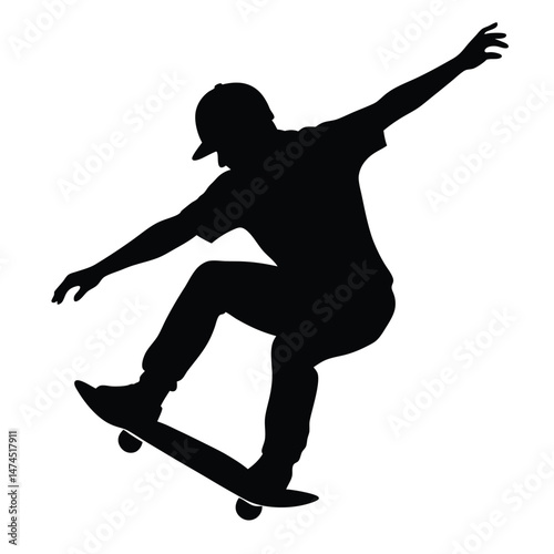 Skateboarder silhouette is performing a trick while wearing a hat on a white background