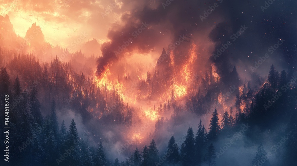 Fototapeta premium Wildfire rages through forested mountains capturing nature's fury in dramatic landscape atmospheric viewpoint