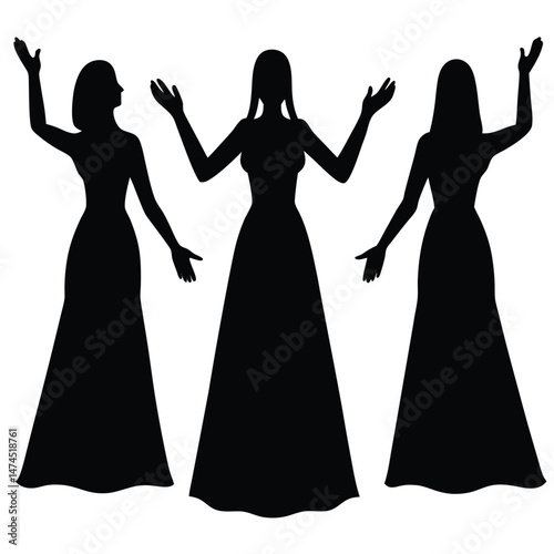 Three women in elegant gowns stand with arms raised in silhouette