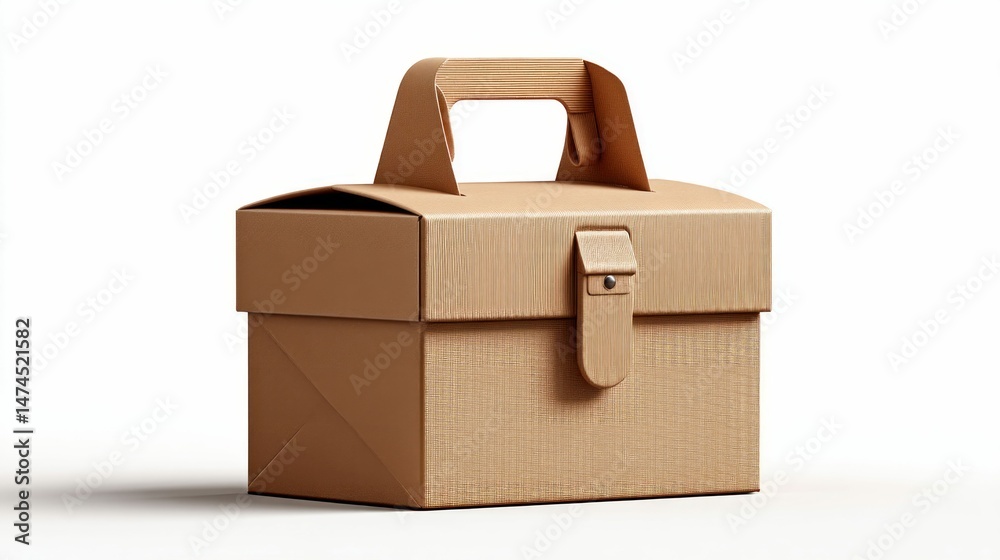 A sturdy, brown cardboard box with a handle stands prominently against a plain white background. A sturdy, brown cardboard box with a handle stands prominently against a plain white background.