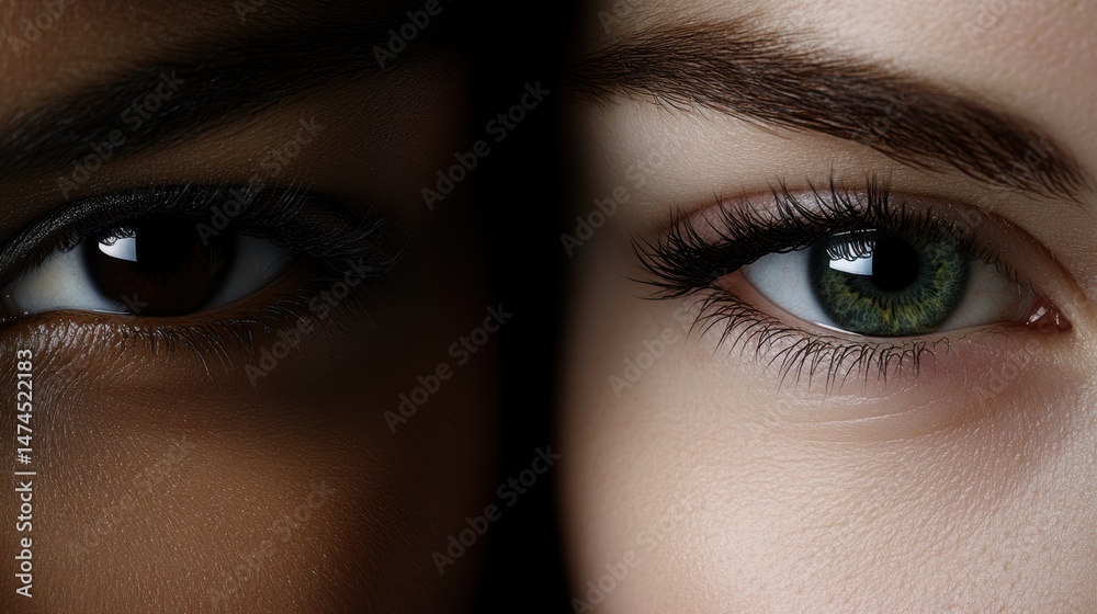 A close-up image showcasing two human eyes, one dark and one light, highlighting the beauty of diversity, This photo can be used for projects focused on diversity, beauty, or eye care, A close-up image showcasing two human eyes, one dark and one light, highlighting the beauty of diversity, This photo can be used for projects focused on diversity, beauty, or eye care,