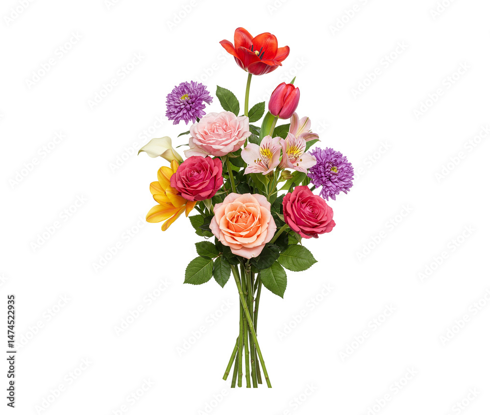 custom made wallpaper toronto digitalColorful tall bouquet with mixed roses, tulips, asters, calla lily, alstroemeria, and freesia in various bright colors, tied stems, cut out with transparent background.