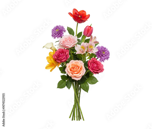 Wallpaper Mural Colorful tall bouquet with mixed roses, tulips, asters, calla lily, alstroemeria, and freesia in various bright colors, tied stems, cut out with transparent background. Torontodigital.ca