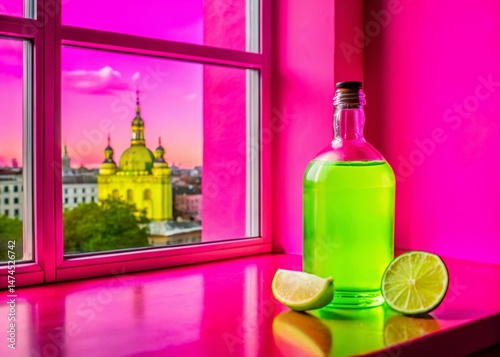 Kiev, November 2024: Low-Alcohol Tequila Lime Cocktail Bottle on Architectural Background photo