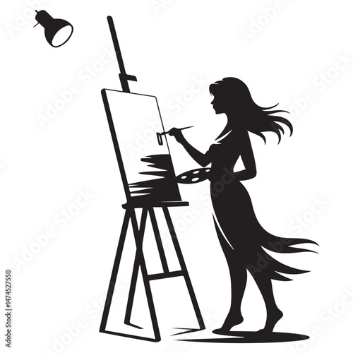Female artists paint on an easel Vector Black silhouette. with white background