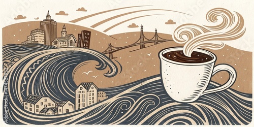 swirling coffee pouring out as waves, with miniature cityscapes floating atop, American primitivism linoleum block print