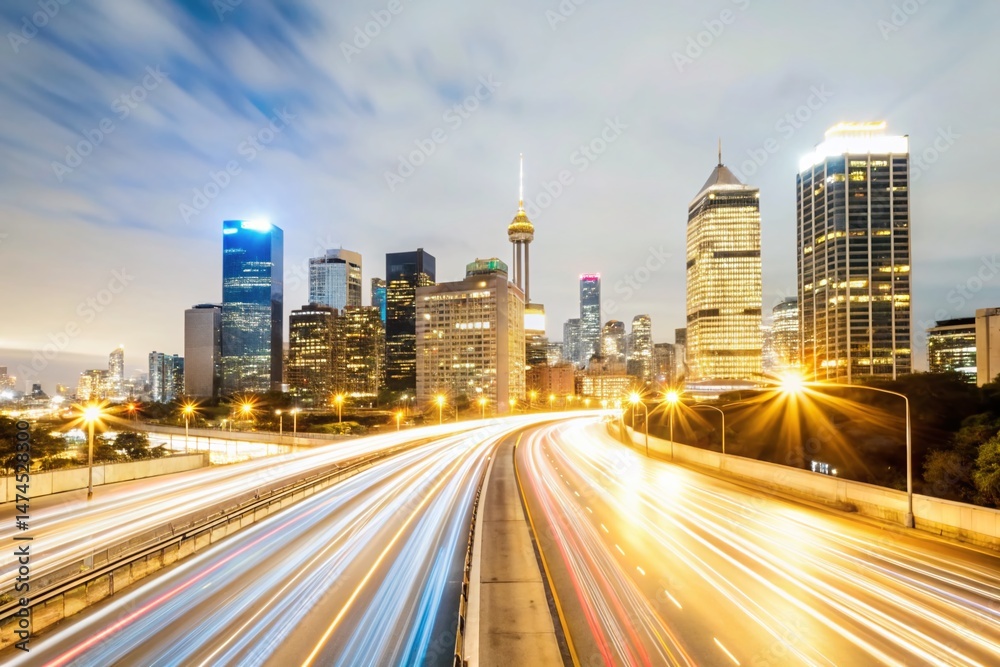 Obraz premium Long Exposure City Lights at Night, Urban Skyline, Glowing Metropolis, Night Photography, Cityscape Panorama