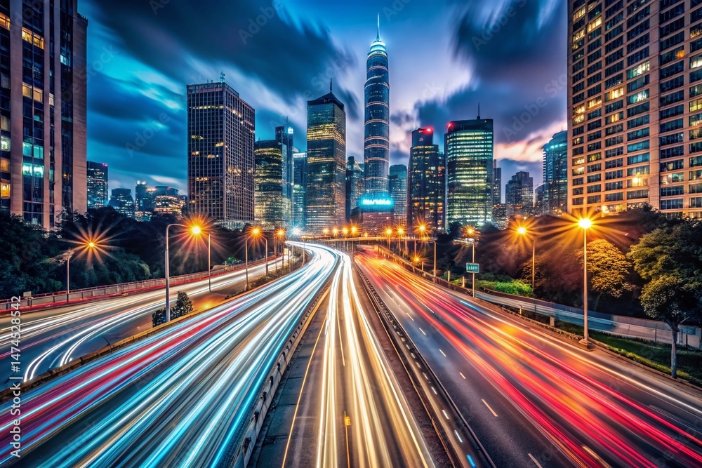 Fototapeta premium Long Exposure Light Trails Cityscape at Night, Urban Night Photography