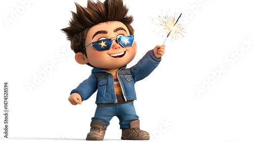 Joyful Cartoon Boy Waving Sparkler in Star-Shaped Sunglasses Against White Background