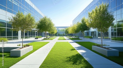 Wallpaper Mural Office Exterior with Modern Architecture, Green Lawn, Tree Planters, and Clear Blue Sky Torontodigital.ca