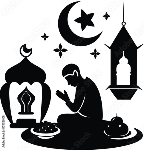 Muslim Man Praying Silhouette with Lanterns and Crescent Moon Star