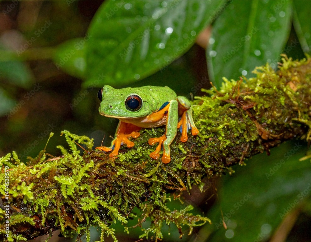 A vibrant rainforest frog sitting on a moss-covered branch, droplets of water on leav A vibrant rainforest frog sitting on a moss-covered branch, droplets of water on leav