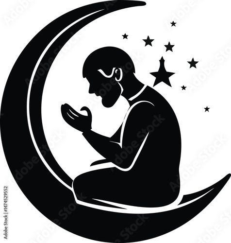 Silhouette of a Man Praying on a Crescent Moon with Stars