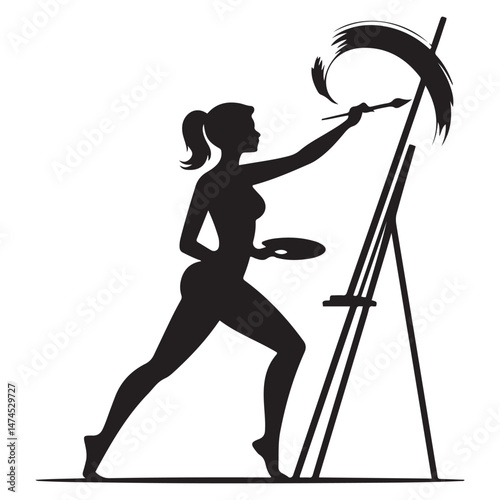 Female artists paint on an easel Vector Black silhouette. with white background