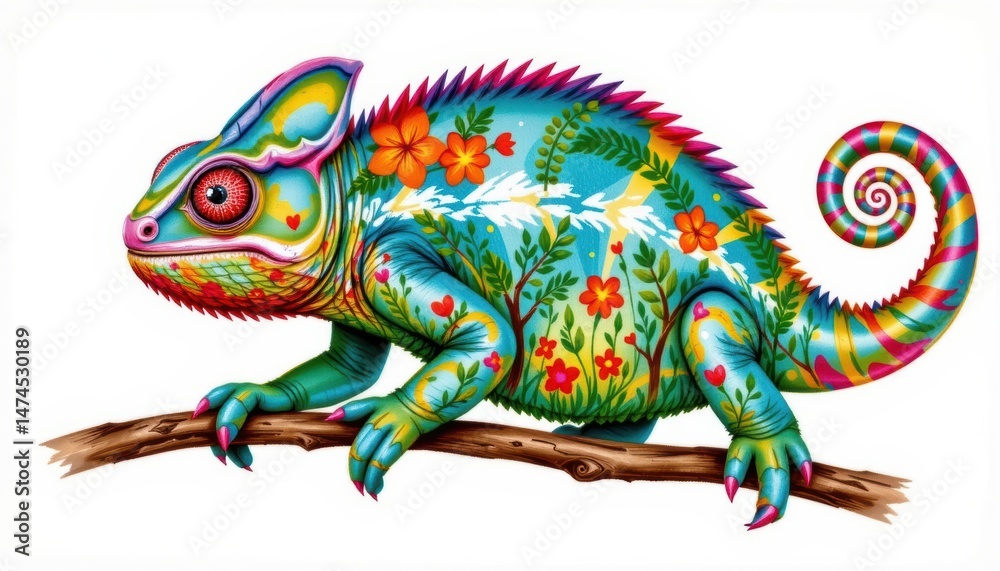 Fototapeta premium Mesmerizing chameleon closeup, a kaleidoscope of skin patterns and textures in nature's master of disguise