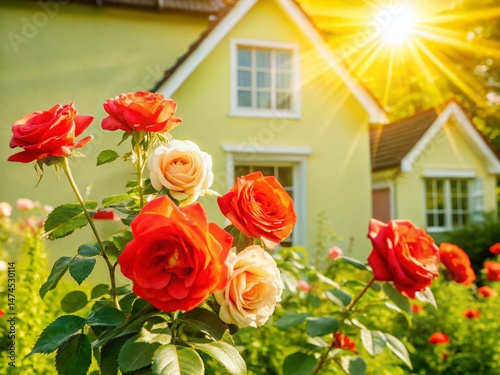 Low Angle View Blooming Roses Garden House Front Summer Flowers Nature