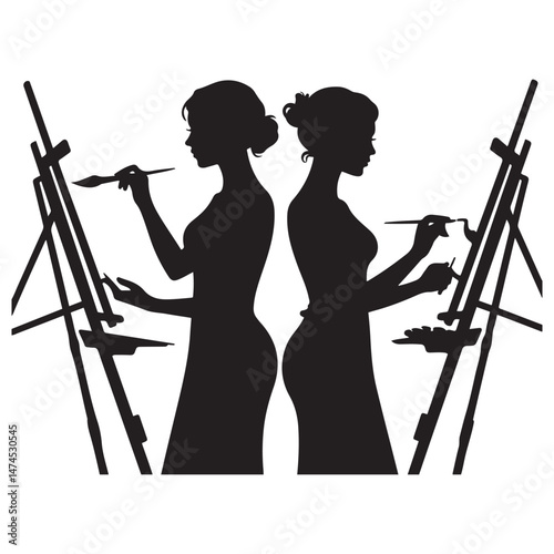 Female artists paint on an easel Vector Black silhouette. with white background