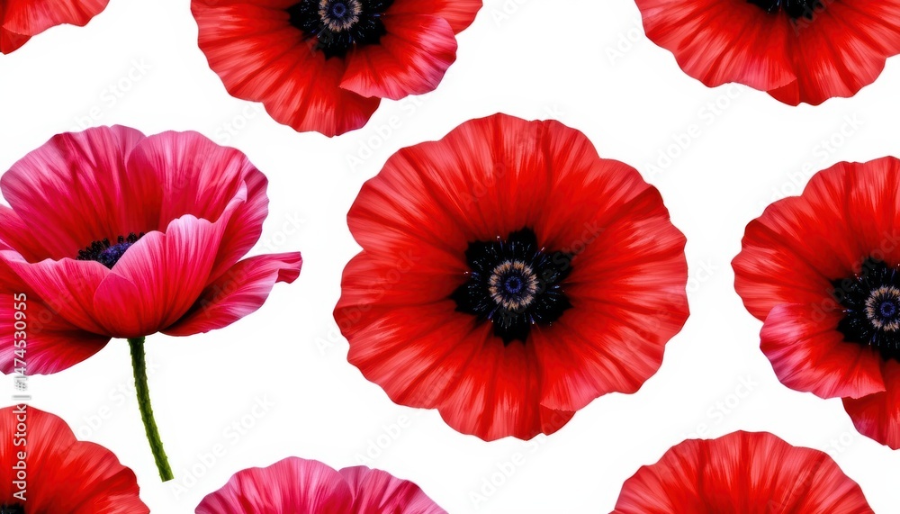 Obraz premium Vibrant red poppy flowers isolated on a clean white background, striking and elegant floral display for modern design