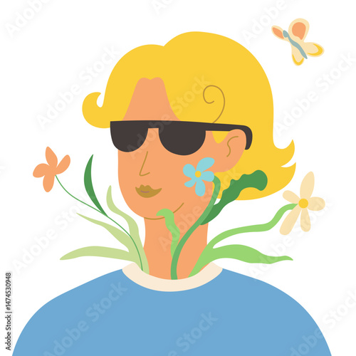 colored female with blooming flowers in doodle style in vector. Element for poster sticker design logo decoration prints postcards