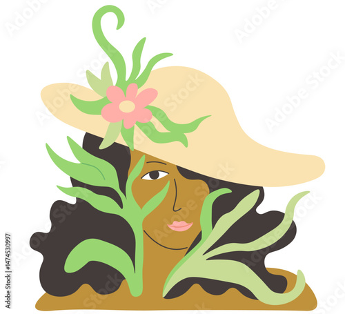 colored female with blooming flowers in doodle style in vector. Element for poster sticker design logo decoration prints postcards