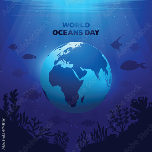 World Oceans Day Square Banner - Background with underwater scenery theme for social media posts, campaigns or advertisements about the sea and the environment