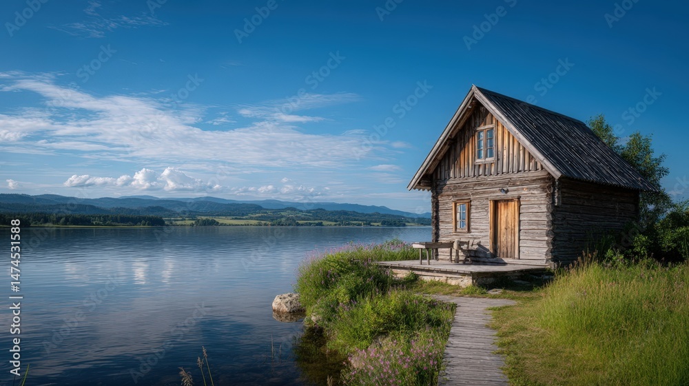 Fototapeta premium Serene Lakeside Log Cabin Summer Vacation Home Peaceful Scenery