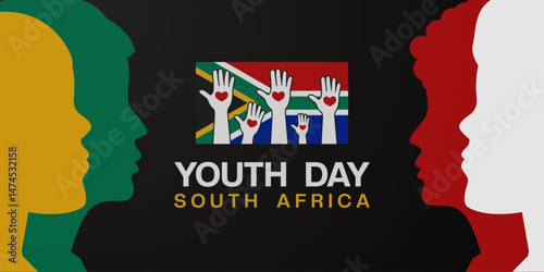 Happy Youth Day South Africa. South Africa flag, youth, hand and heart. Great for posters, banners, social media and more. Black background. 