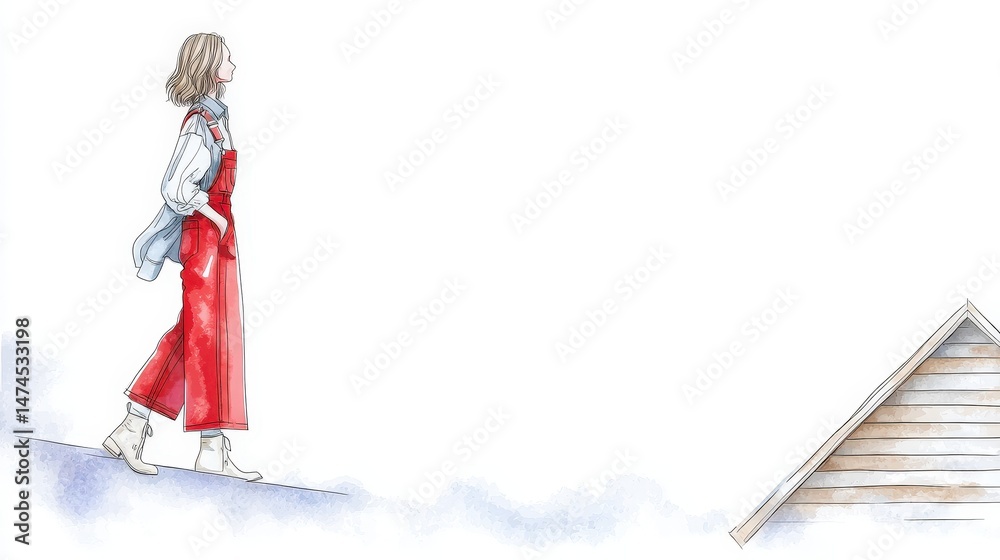 Fototapeta premium Confident Young Woman Walking on a Roof in Stylish Red Overalls and White Shirt