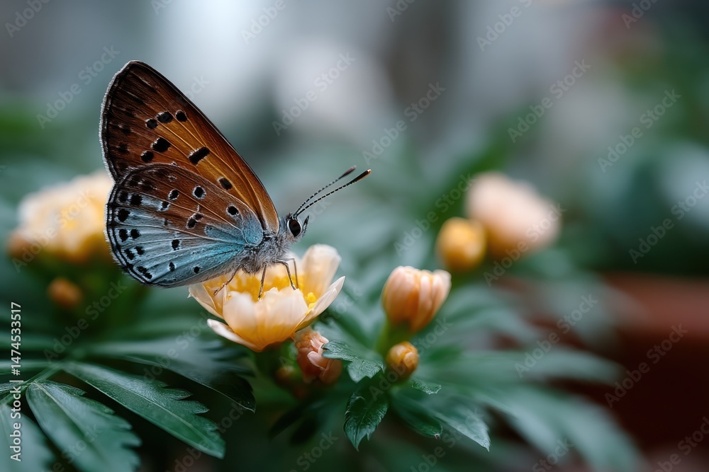 Fototapeta premium A beautifully captured close-up of a vibrant butterfly perched delicately on flower petals, symbolizing nature's intricate beauty and the fragility of life.