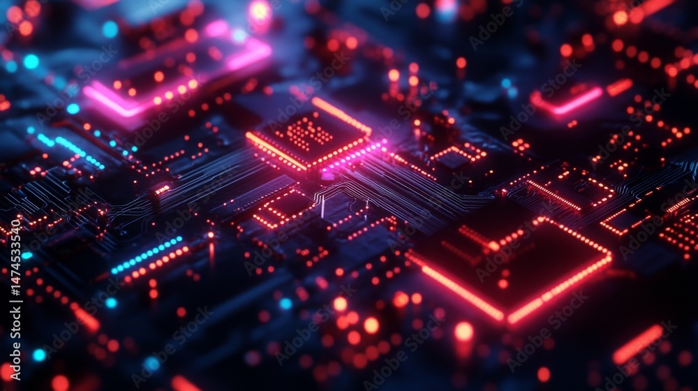 Obraz premium Futuristic digital circuitry display tech lab abstract visualization high-tech environment close-up view innovation concept