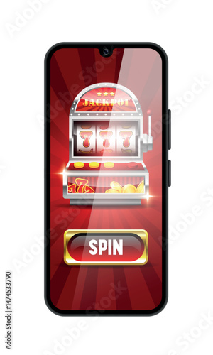 Slot machine on smartphone screen. Vector illustration isolated on white background.