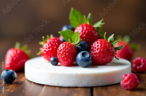 Fresh berries on white podium. Season summer fruit