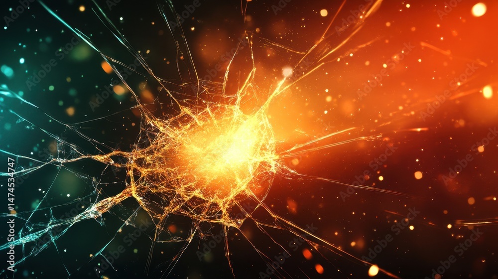 Fototapeta premium A digital-style cracked glass effect on a glossy black surface background